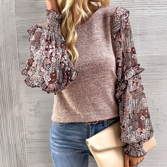 Tops - Boho Floral Print Ruffle Long sleeve Top
